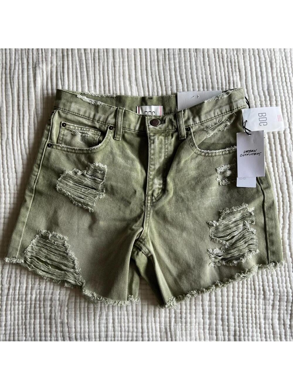 BDG Urban Outfitters Dropped Rise Destroy Denim Shorts Women's Size 25 Moss NWT